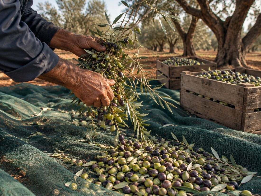 Hands picking olives onto a net during harvest